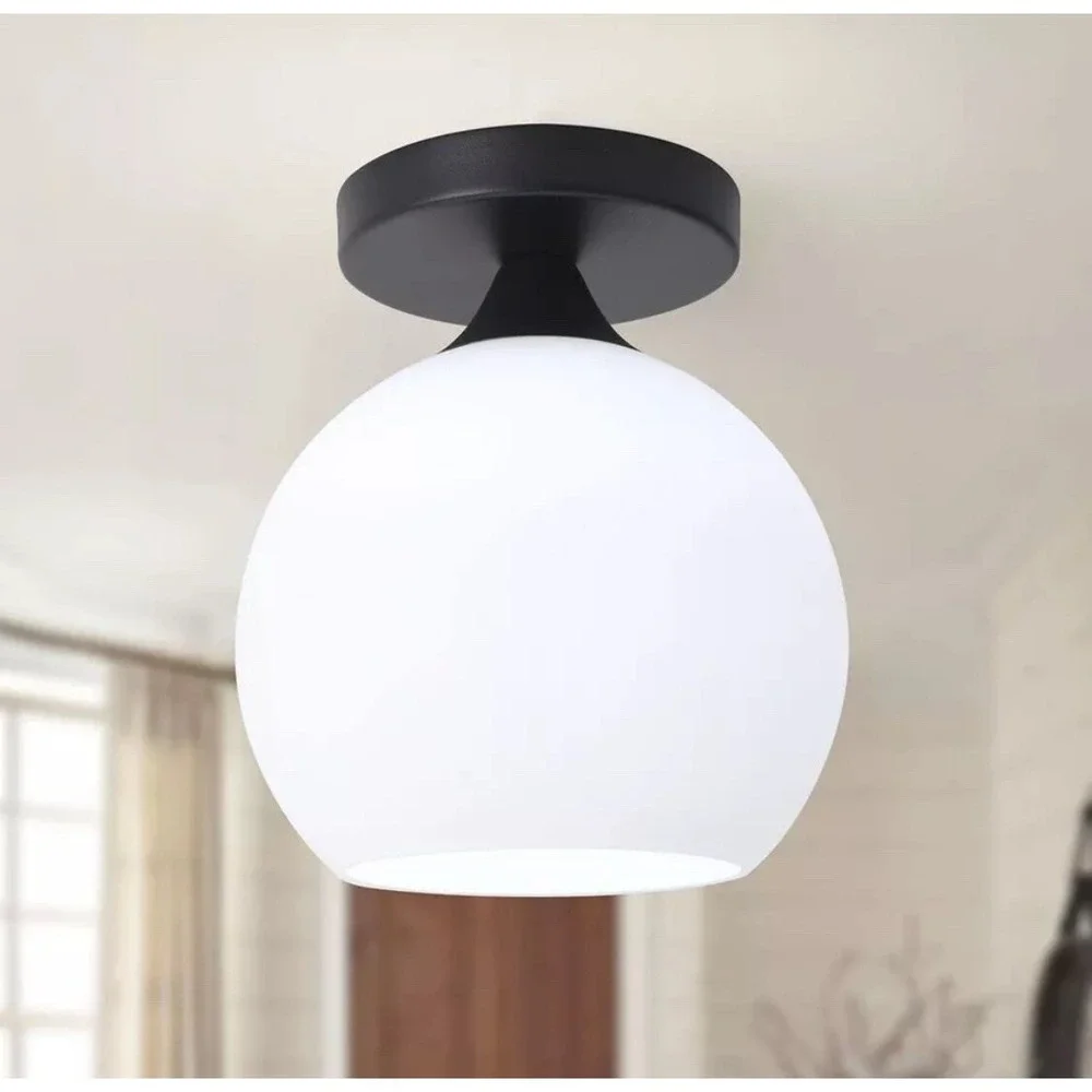 Black‎ Semi Flush Mount Ceiling Light Fixture with White Glass Globe Shade